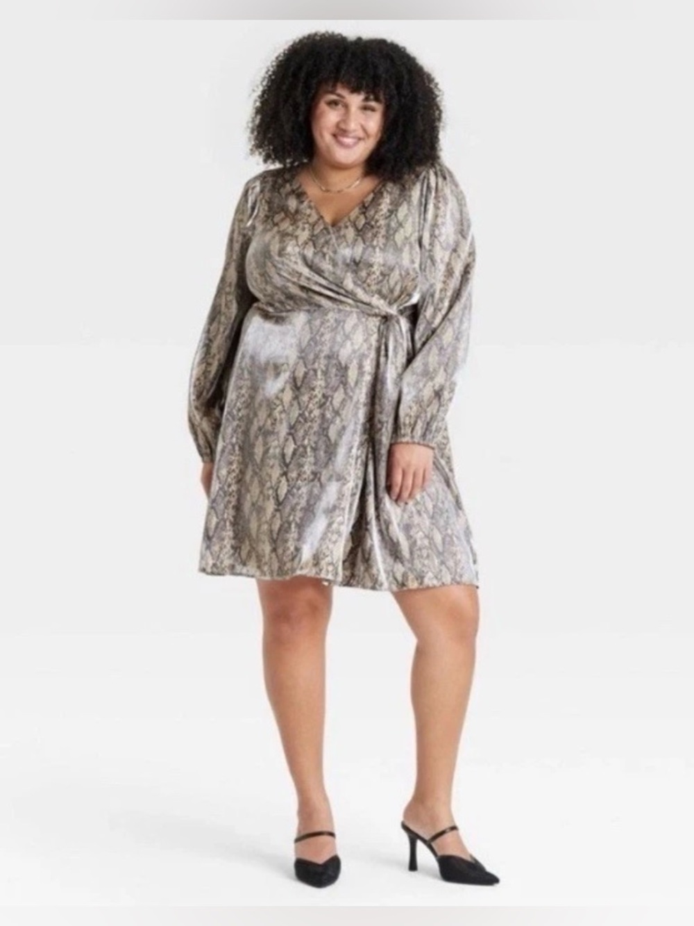 Ava & Viv Faux-Snakeskin Wrap Dress in Neutral Taupe and Gray